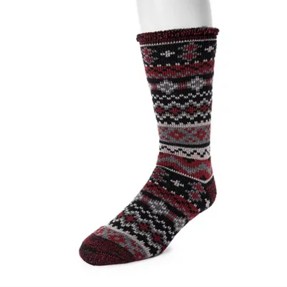 Men's MUK LUKS Heat Retainers Solid Thermal Socks, Grey Crimson Fairisle, OSFM